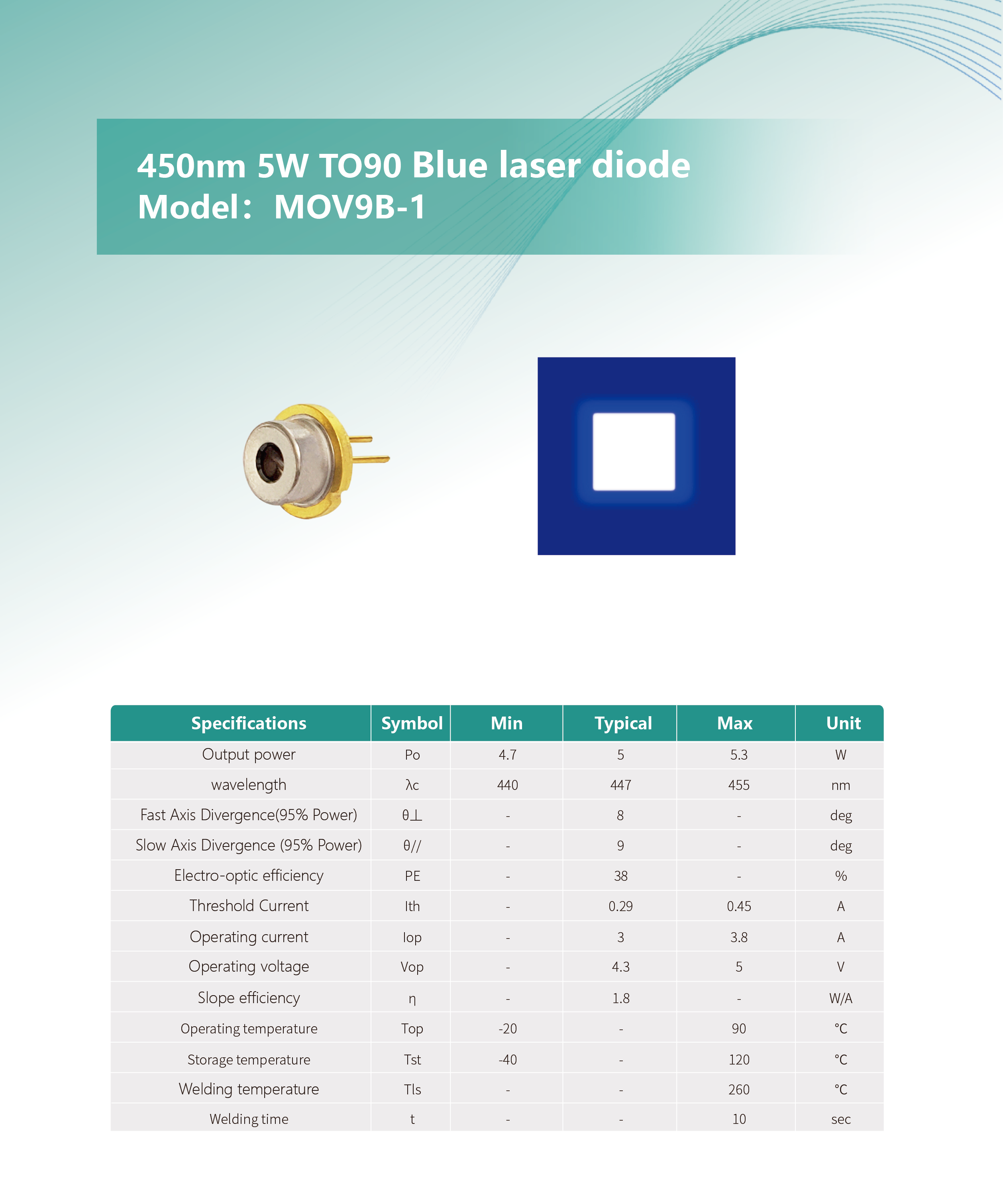 450nm 5W TO9 蓝光激光二极管 MOV9B-1 英文
