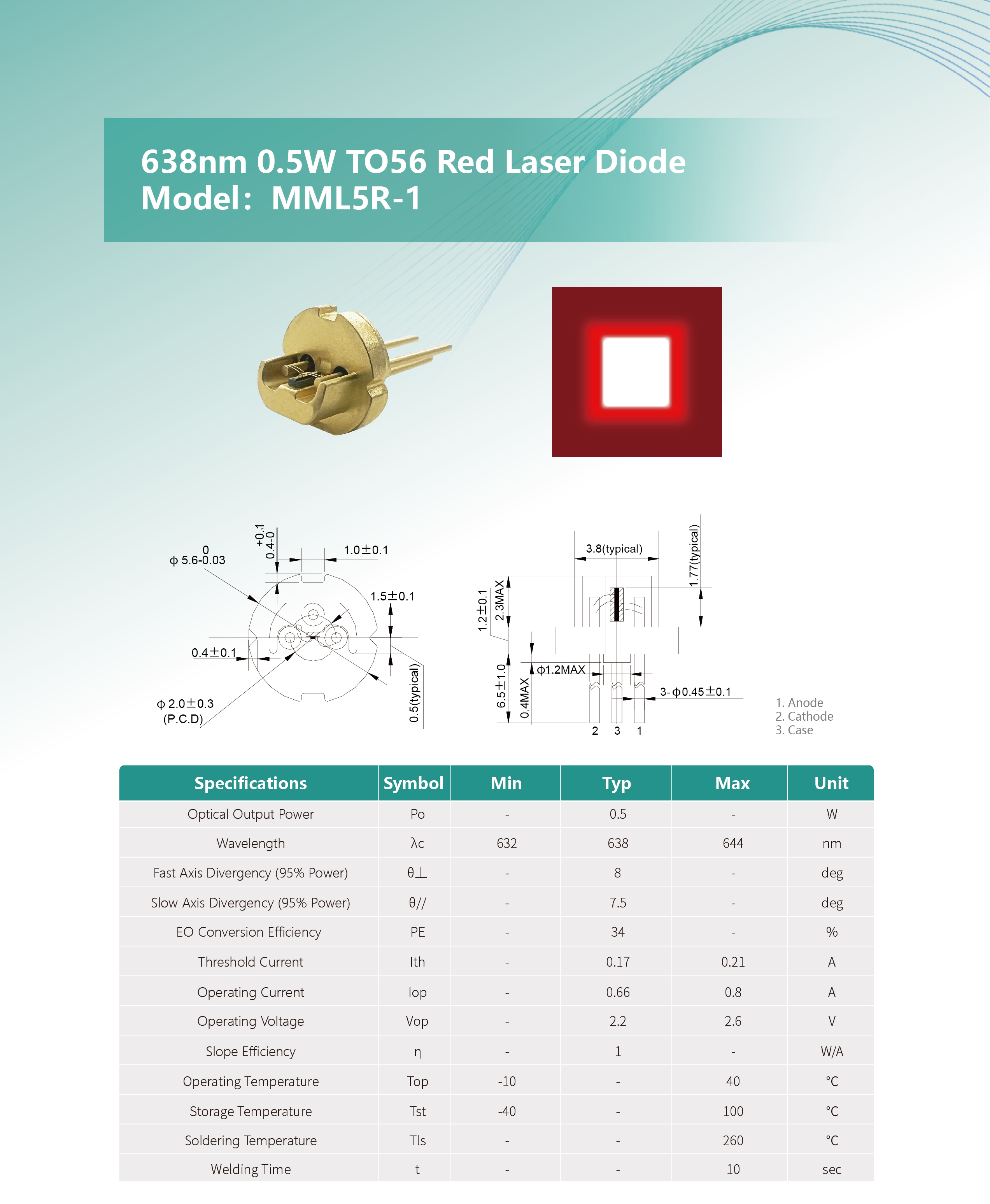 638nm 0.5W TO56 红光激光二极管 MML5R-1 英文