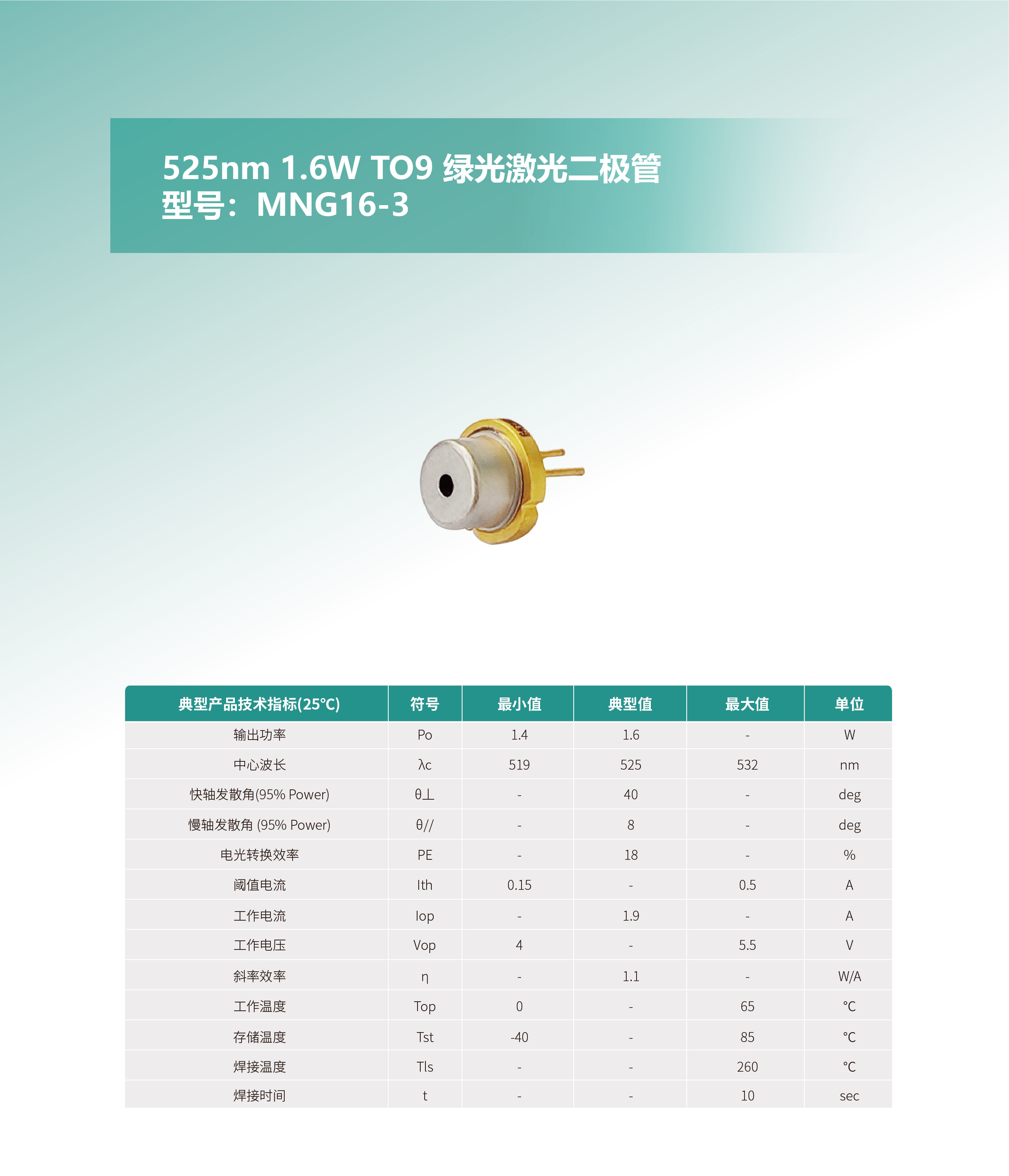 525nm 1.6W TO9 绿光激光二极管MNG16-3 网站