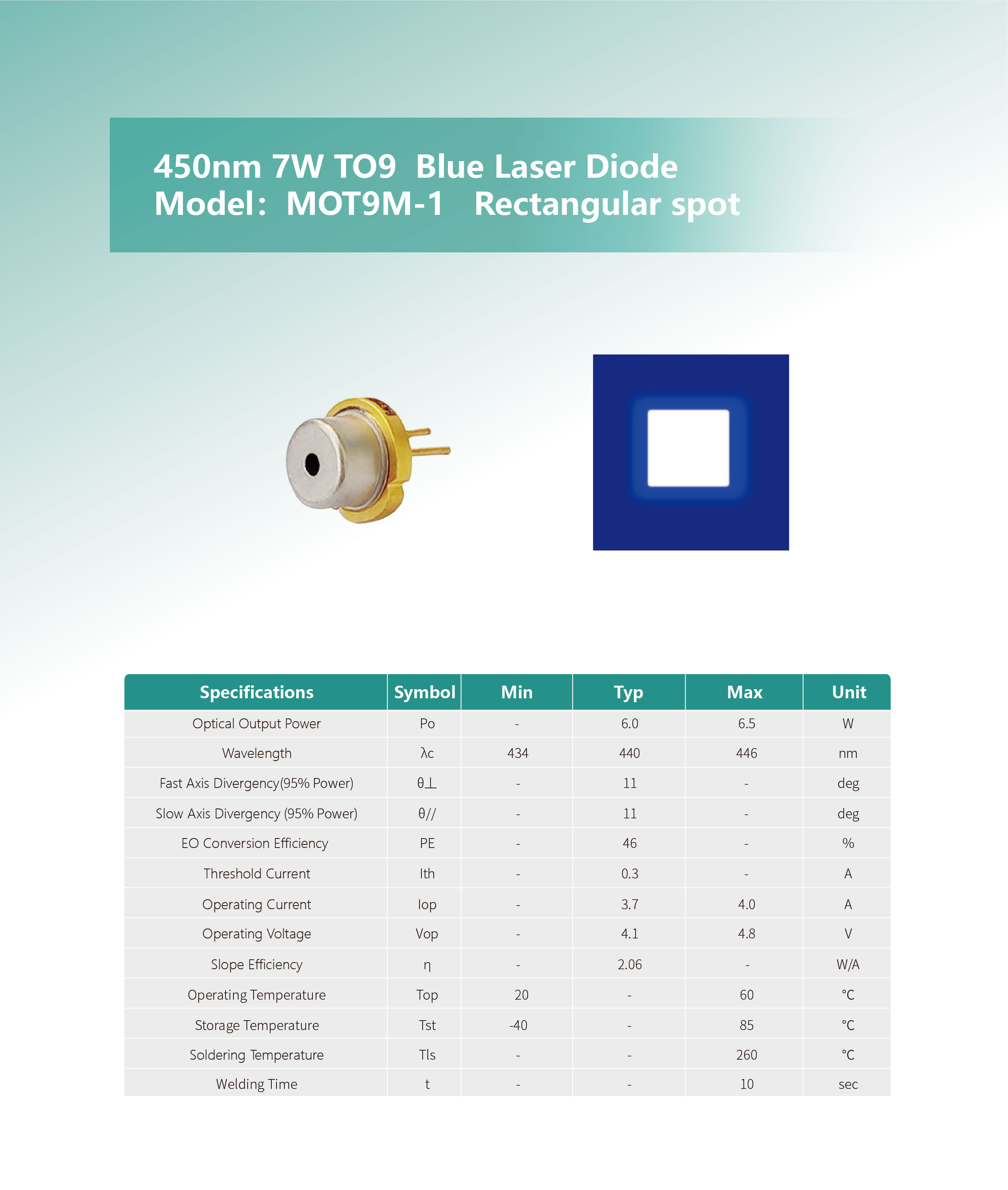 450nm-7W-TO9--Blue-Laser-Diode（MOT9M-1）