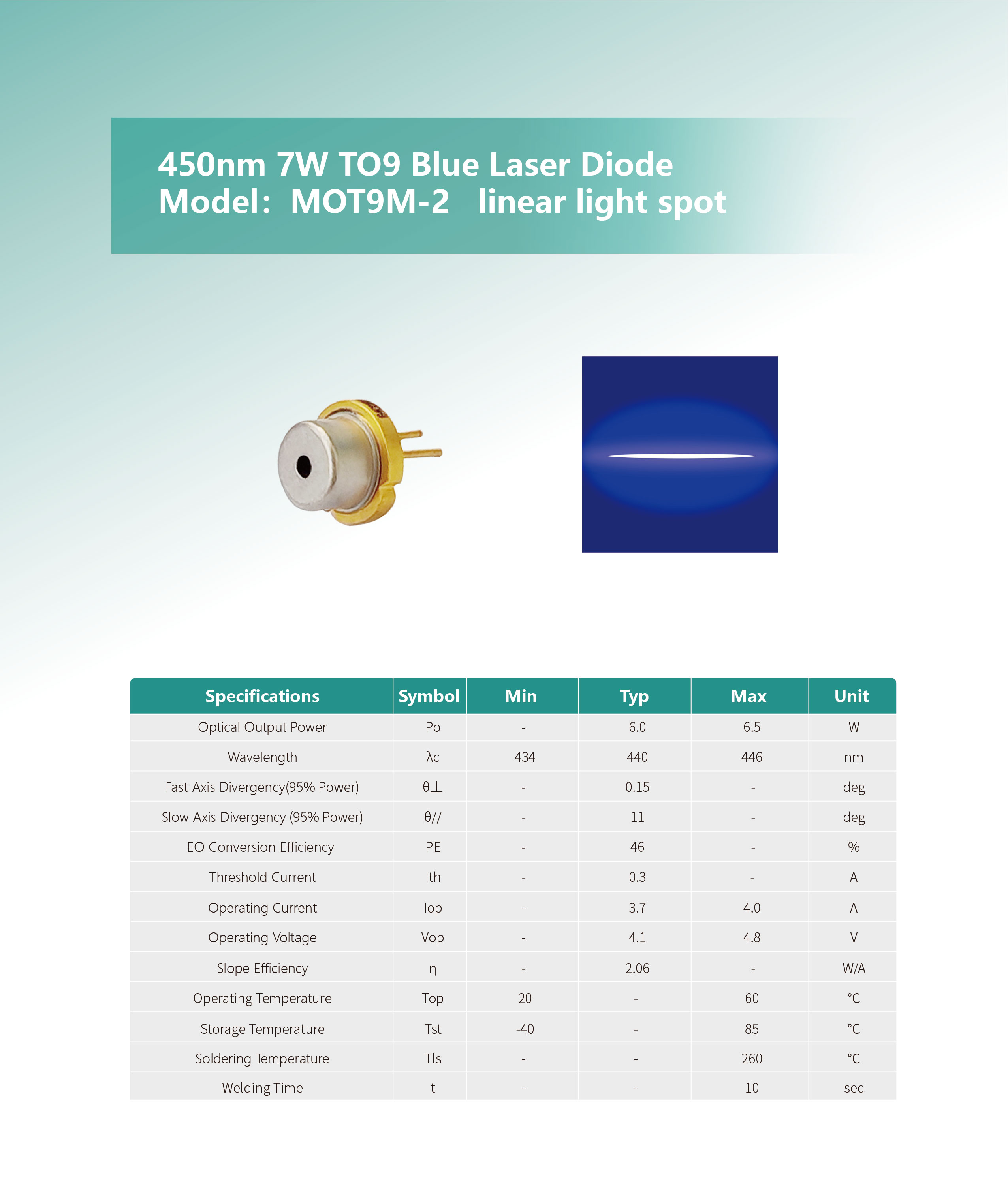 450nm-7W-TO9--Blue-Laser-Diode（MOT9M-2）